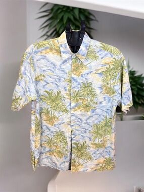 Pau Hana Hawaiian Shirt Mens Large Tropical Palm Tree Button Up Short Sleev